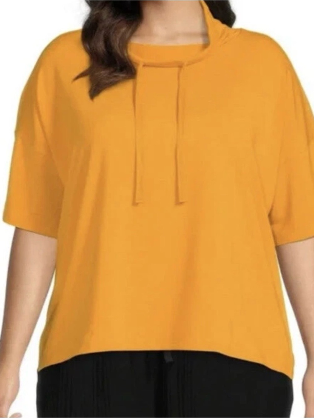 Eileen Fisher Mango Drawstring Funnel Neck Boxy Top Short Sleeve Large L